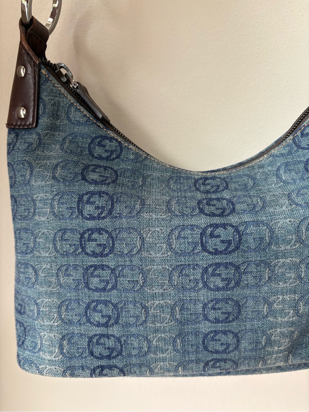Gucci Blue Denim Monogram Shoulder Bag with Brown Leather Trim - Picture 2 of 12